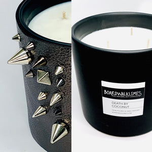Large designer candles for the coffee table wrapped in caramel and dark brown Teton leather or cork with gold inlays