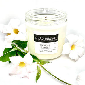 Egyptian jasmine soy candles in fine white leather sleeves with rose gold studs for the best summer floral fragrance