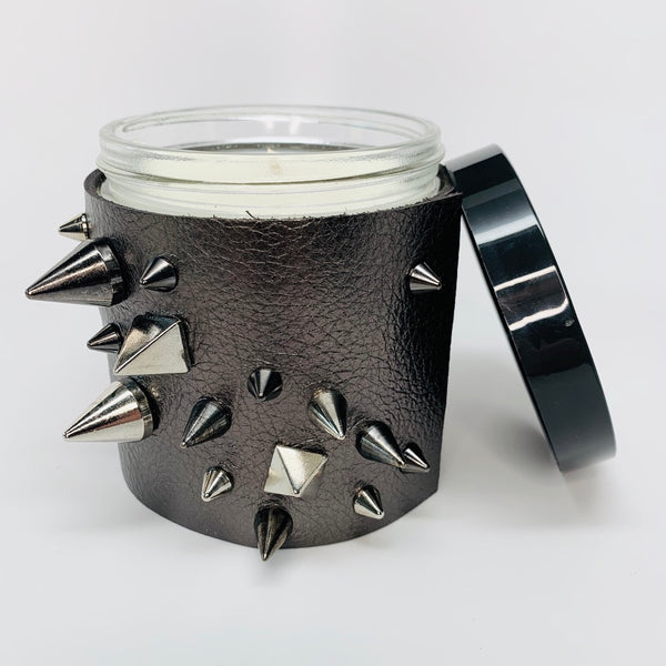 16 oz Luxury Soy Candle in a designer metallic gunmetal leather sleeve with silver and black studs and spikes