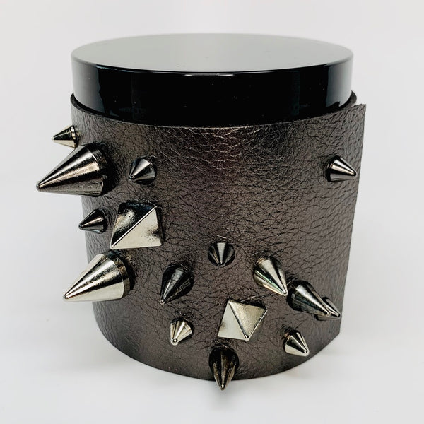 16 oz Luxury Soy Candle in a designer metallic gunmetal leather sleeve with silver and black studs and spikes