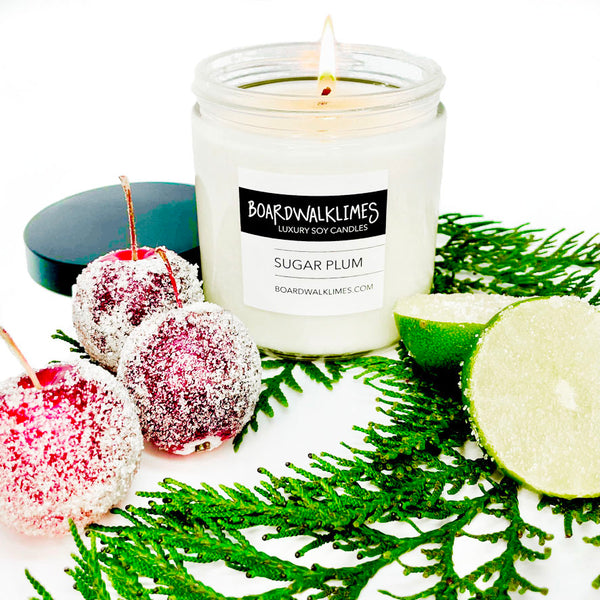 Dark sugared plums meet a subtle citrus twist for the best winter scented soy candle in a glass jar with a shiny black lid.