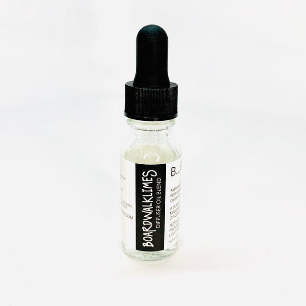 Glass Boston round dropper bottle with a black lid filled with a diffuser oil blend of invigorating and energizing scents