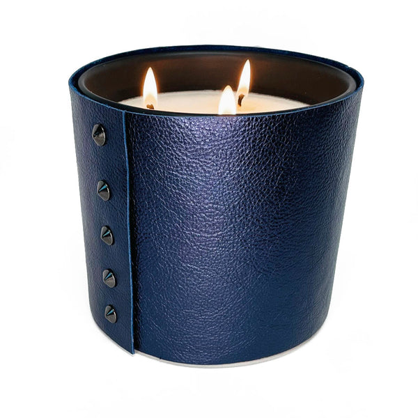 large 3-wick luxury soy candle in metallic sapphire leather with oil rubbed black studs