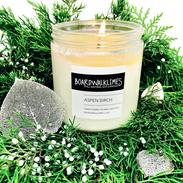 Luxury soy candle in beautiful Aspen evergreen and sweet mint fragrances 