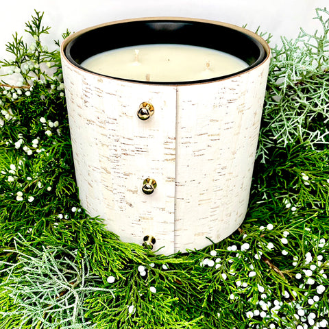 Luxury large 3 wick soy candle in beautiful Aspen Birch evergreen and sweet mint fragrances wrapped in a white birch cork sleeve with three gold button studs
