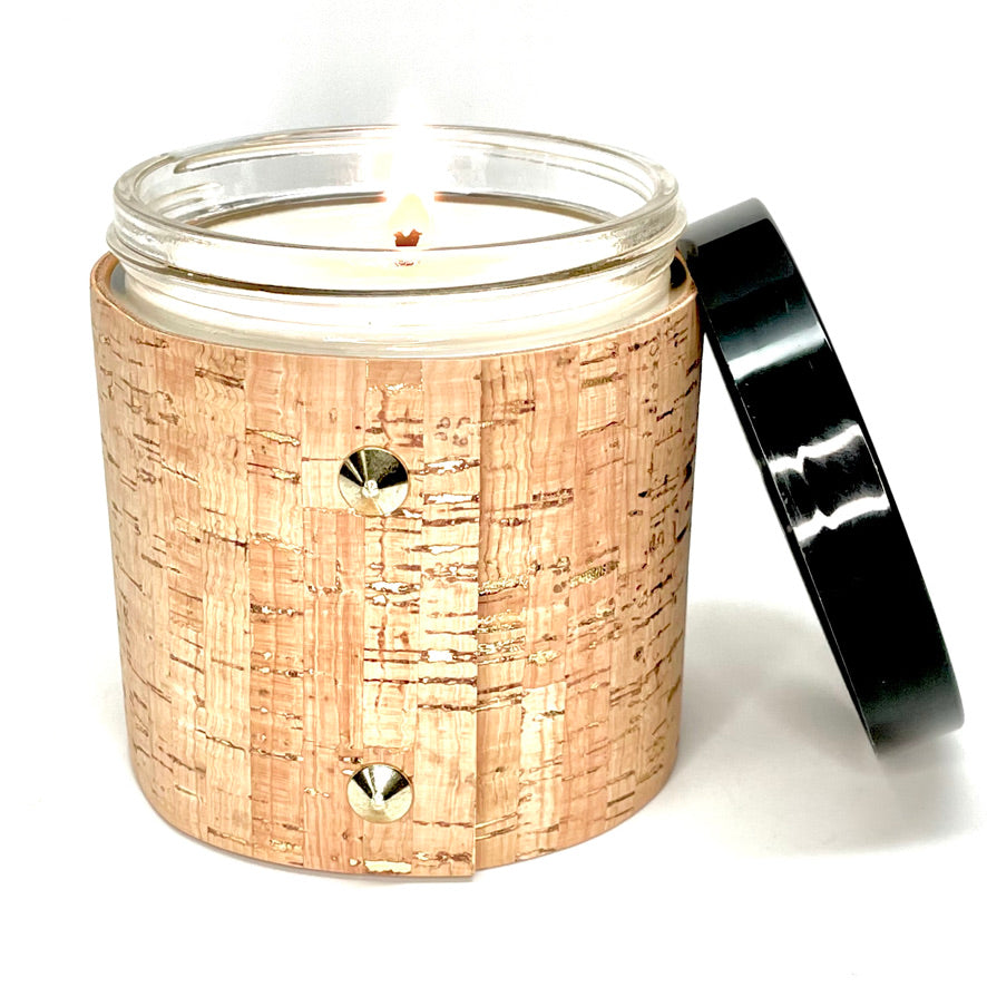 All natural soy candle wrapped in a cork sleeve with gold inlays and 2 gold button studs